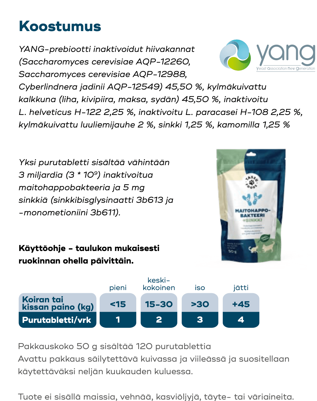 Maitohappobakteeri + sinkki koirille ja kissoille 120 purutablettia - Tassu Foods Oy