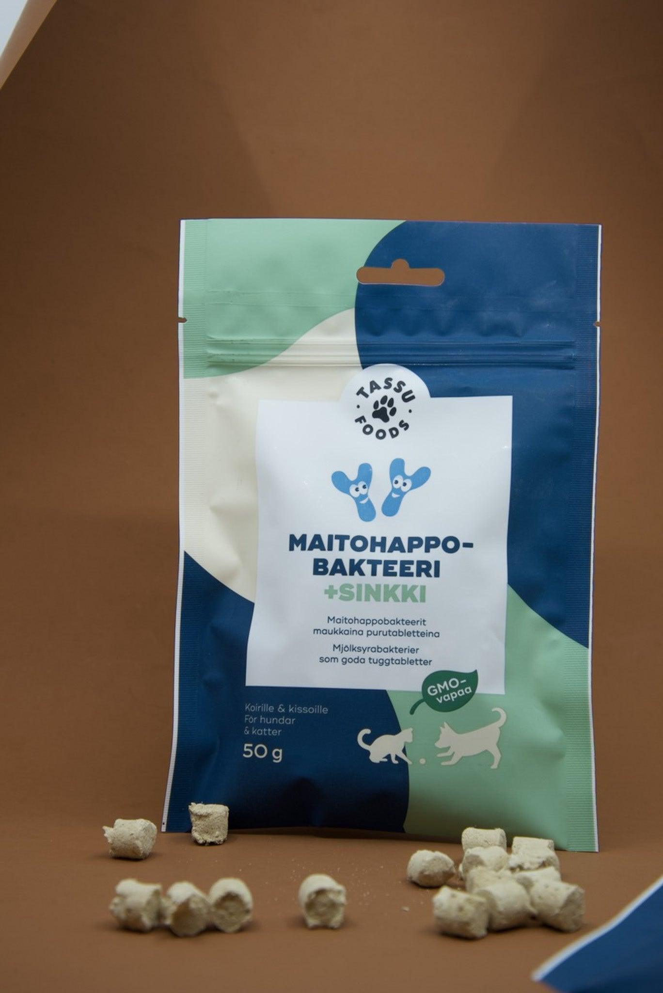 Maitohappobakteeri + sinkki koirille ja kissoille 120 purutablettia - Tassu Foods Oy